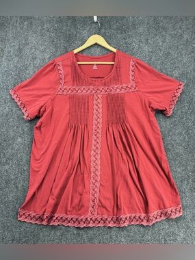 Woman Within Rust Boho Prairie Lace Trim Pintucked Tunic Women’s Plus 2X